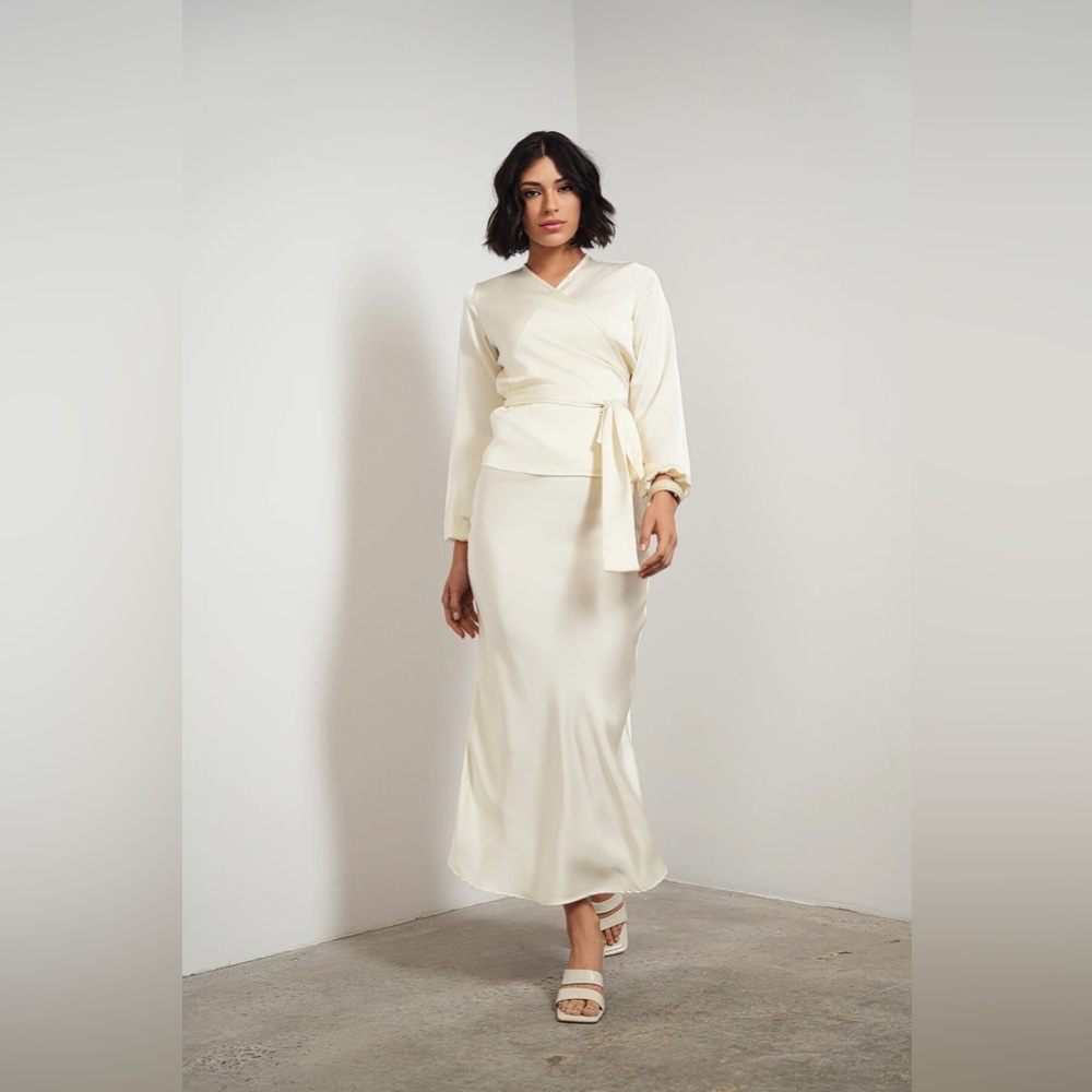 Udel NY Chic Cream satin slip Skirt Set with wrap top